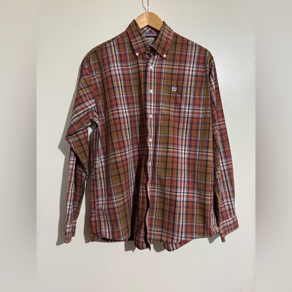 Cinch Brown pink Plaid long sleeve Button Down Shirt Small